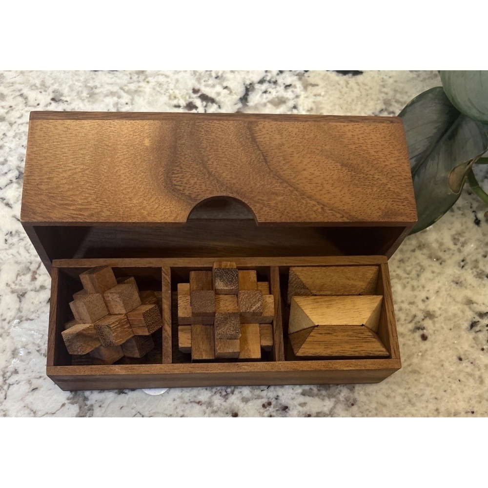 Vintage 3D Puzzle 3 In One Brain Teaser Wooden Puzzle Game With Box Rustic Decor